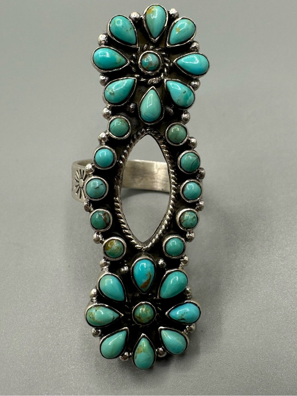 Turquoise Matte Sterling Silver 925 Handmade Adjustable Crawler Cluster Ring - Picture 3 of 8